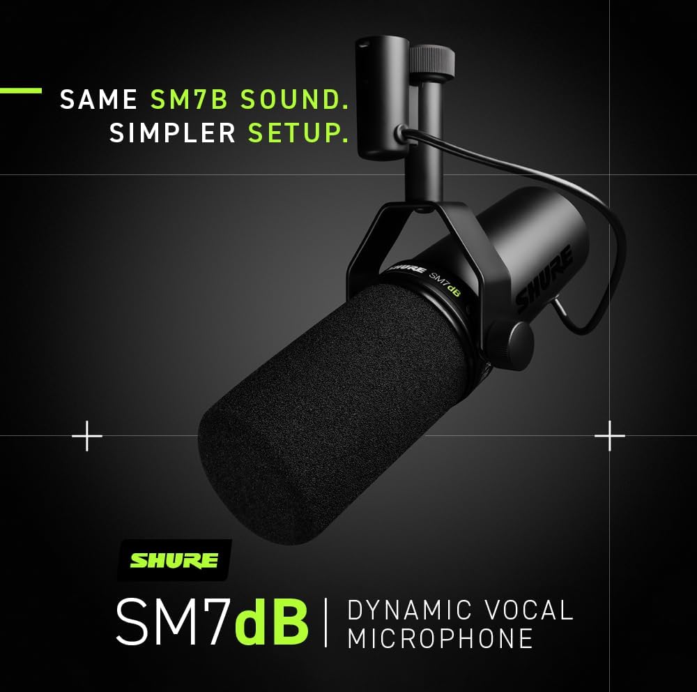 Shure SM7B, Cardioid Studio Microphone, Professional Vocal Recordings, Dynamic, For Live Streaming, PC Gaming & Podcast, Black