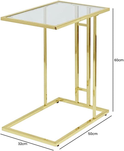 C Shaped Side Table for Living Room Furniture, 55cm Gold End Table with Metal Frame & Tempered Glass Tabletop, Modern Design Sofa Table for Laptop