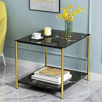 Coffee Tables for Living Room, Double-Layered Square End Side Tables Sofa Table, Modern Marble Nesting Table with Metal Frame Legs Set of 2 (White+square+Golden frame)