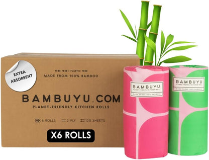 Bambuyu – Bamboo Kitchen Paper Towel | 6 Rolls (2-ply, 120 sheets) | Eco-Friendly, Plastic-free, Absorbent, Family-safe