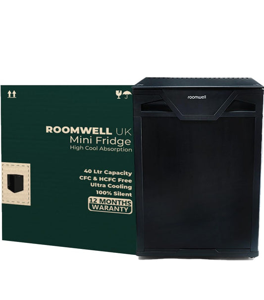 Roomwell UK Auto DEFROST Mini Fridge with Reversible Single Door & Adjustable Shelve - Small Refrigerator for Room/Hotel/Kitchen & Office- 40L Small Fridge with 100% Silent - CFC & HCFC Free - Black