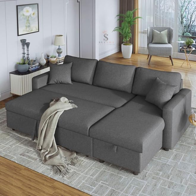 furniture Sofa Cum Bed With Cushions L-Shaped Storage Space (Brown)