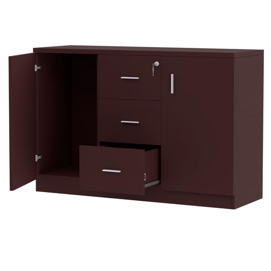 Mahmayi Melamine On MDF 1147 Apple Cherry 3 Drawer File Credenza Cabinet, Wood Organizer Storage Shelves with Lock and Keys, Home Office Furniture Files Cabinet with Shelves and Drawers