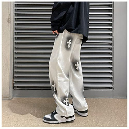 Men Jeans Baggy Straight Relaxed Cargo Work Pants With Pockets, Men's Loose Hip-hop Printed Baggy Denim Jeans