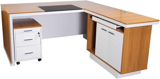 Mahmayi Zelda M225-16 Modern Executive Desk with Check Writing Ledge, Underneath Storage Cubby, Locking Drawer, and Storage Cabinet - Office Furniture for Productivity - Walnut/White (160cm)