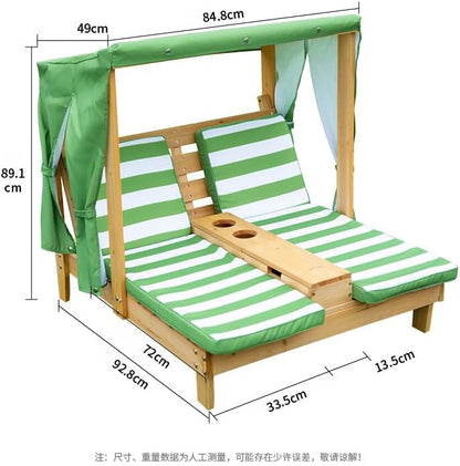 Wooden Outdoor Double Chaise Lounge can withstand 80 kg, Kid's Patio Furniture with Cup Holders, Double recliner for children with Honey Navy and White Striped Fabric (Blue,84.8*92.8*89.1cm,10.7kg)