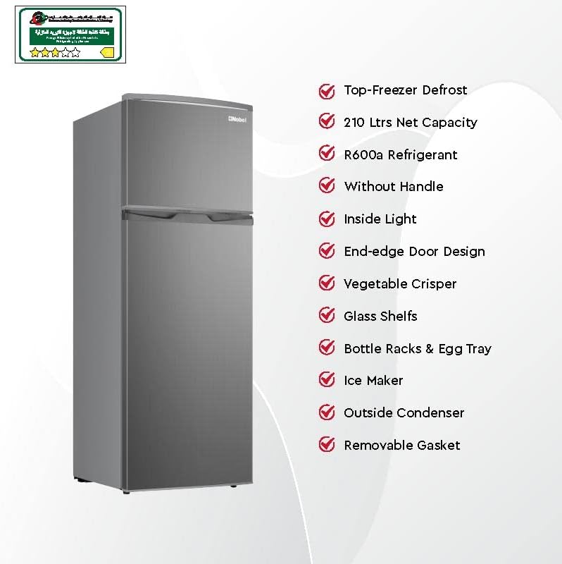 Nobel 225 L Gross / 210 L Net, Double Door Refrigerator, Defrost, R600a Refrigerant, 3 Star, Temperature Control, Inside Light, Outside Condenser, Removable gasket NR255RSI Inox