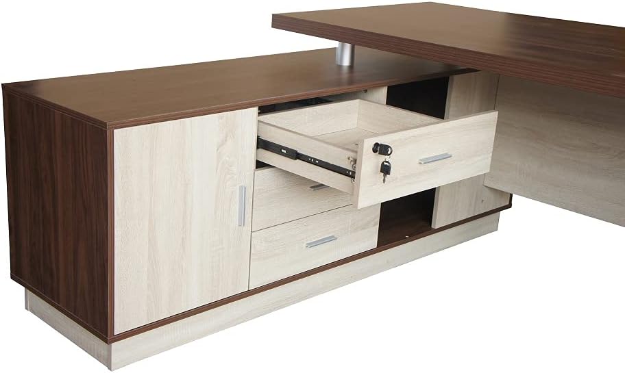 Mahmayi Zelda M225-16 Modern Executive Desk with Check Writing Ledge, Underneath Storage Cubby, Locking Drawer, and Storage Cabinet - Office Furniture for Productivity - Walnut/White (160cm)