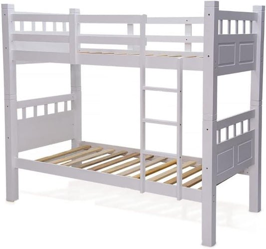 Karnak Heavy Duty Wooden Bunk Bed With Ladder for Kids, Teens, Bedroom, Guest Room Furniture, Solid Wooden Bed, Full-Length Guardrail Color White