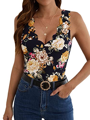 GORGLITTER Women's Floral Print V Neck Scallop Trim Sleeveless Tank Top Blouse