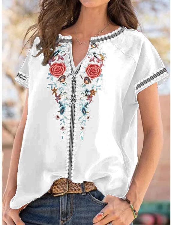 Womens Embroidered Top Blouses Casual Peasant Shirts Short Sleeve Floral Printed Bohemian Tshirts