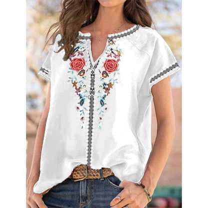 Womens Embroidered Top Blouses Casual Peasant Shirts Short Sleeve Floral Printed Bohemian Tshirts