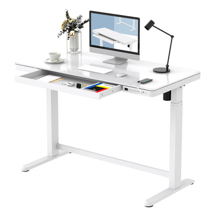 Flexispot Electric Height AdjUStable Standing Desk With Drawer 48 X 24 Inch Tempered Glass White Desktop & Frame Home Office Computer Workstation (2.4A USb Charge Ports, Memory Controller, Child Lock)