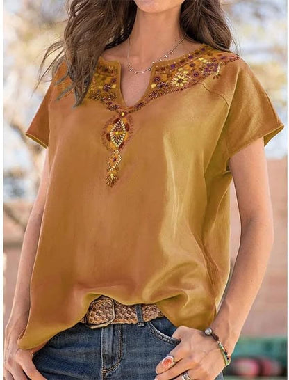 Womens Embroidered Top Blouses Casual Peasant Shirts Short Sleeve Floral Printed Bohemian Tshirts