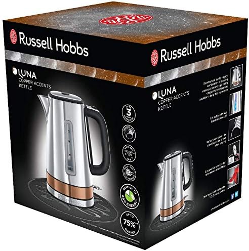 Russell Hobbs Luna Fast Boil Electric Kettle Cordless Stainless Steel 1.7 Litre Jug Kettle with Copper Accents, 24280