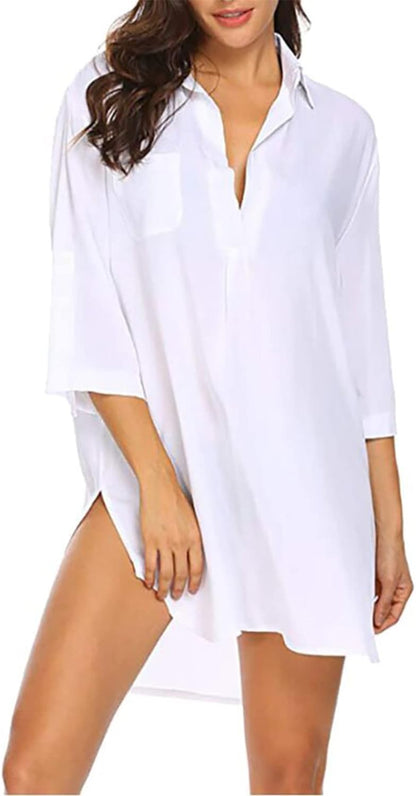 Women Plus Size Swimsuit Cover Up Shirt Deep V Neck Bikini Cover Up Solid Beach Dress