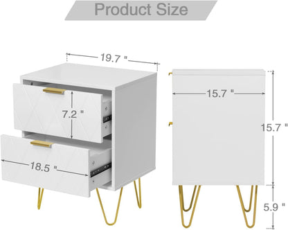 Lepdep White Nightstand Set of 2, End Side Table Double, Bedside Table with 2 Drawers, Dual Night Stand Metal Legs for Bedroom Living Room