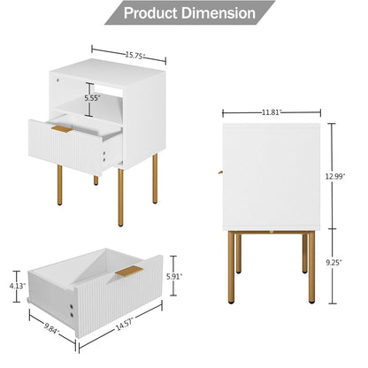 Aobafuir Nightstand, 2 Drawer Dresser for Bedroom, Small Side Table with 2 Drawers, Bedside Furniture, Night Stand, End Table with Gold Frame for Bedroom, Living Room, White Stripe