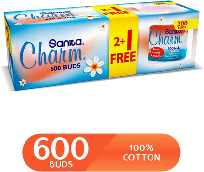 Sanita Charm 100% Cotton Buds, 600 (200X2+1) Buds