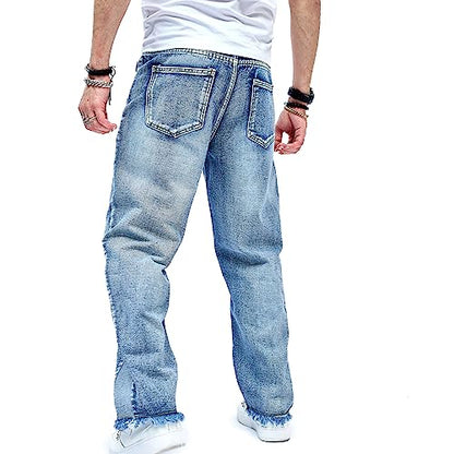 WEIBUMAOYI Men's Loose Fit Pants Relaxed-Fit Men Jeans Washed Oversize Straight Leg Carpenter Jean