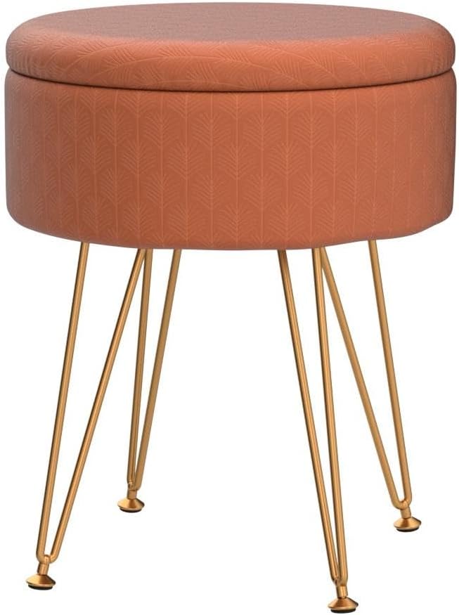 Cpintltr Footrest Footstools Round Velvet Ottoman with Storage Space Soft Vanity Chair with Memory Foam Seat Small Side Table Hallway Step Stool 4 Gold Metal Legs with Adjustable Footings Champagne