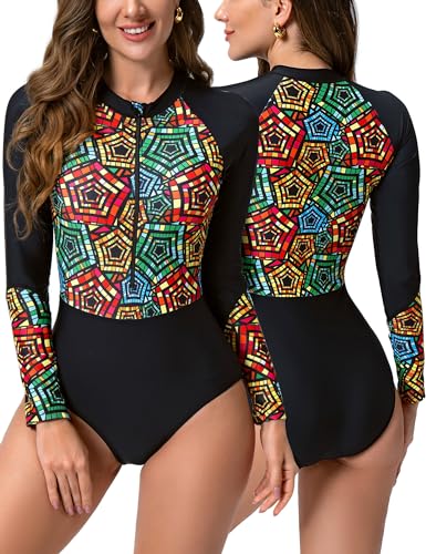 Maeau Women's Long Sleeve Rash Guard UV Protection Zipper Printed Surfing One Piece Swimsuit Bathing Suit