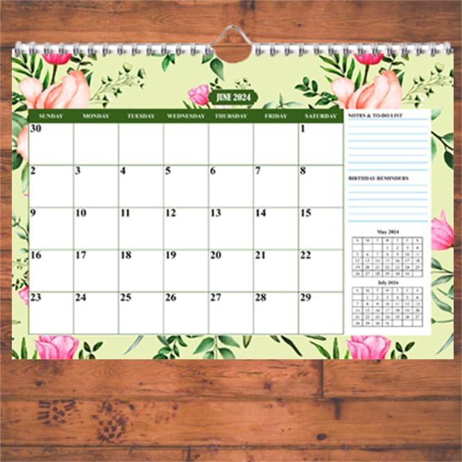 Wall Calendar Planner Jan 2024- Feb 2024 Calendar 14 sheets of Monthly Wall Calendar with 8 floral Prints, Size A3, Landscape Wire Binding + Hanging Hook + Large Blocks + Notes+ Birthday Reminders