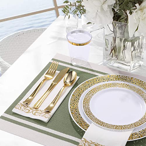 ALISSA 175 Piece Gold Dinnerware Set 25 Guest-50 Gold Lace Plastic Plates-25 Gold Plastic Silverware-25 Gold Plastic Cups-25 Linen Like Gold Paper Napkins