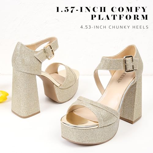 WSKEISP Platform Chunky Heels for Women Trendy Square Toe Heeled Sandals Black White Pink Silver Gold High Heels Ankle Strap Party Wedding Dress Pumps