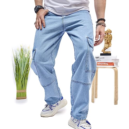 WEIBUMAOYI Men's Loose Fit Pants Relaxed-Fit Men Jeans Washed Oversize Straight Leg Carpenter Jean