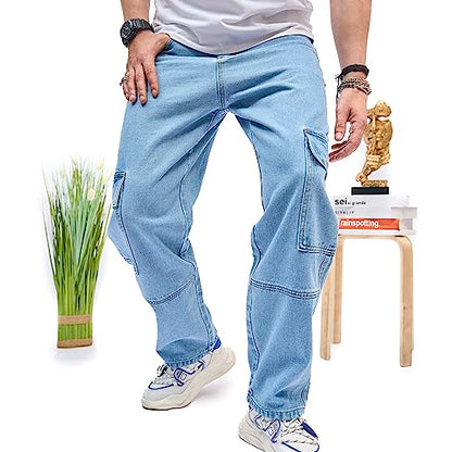 WEIBUMAOYI Men's Loose Fit Pants Relaxed-Fit Men Jeans Washed Oversize Straight Leg Carpenter Jean