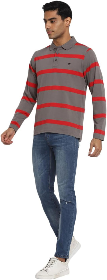 Deniklo Men's Polo Collar Full Sleeves Striped T-Shirt with Embroidery DK 240