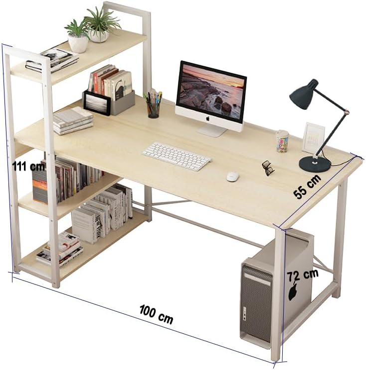 ZUIHAO Home Office Computer Desk Large Table, 110 * 60cm Study Writing Desk,Simple Style PC Laptop Table with Bookshelf,Modern Large Gaming Table,White