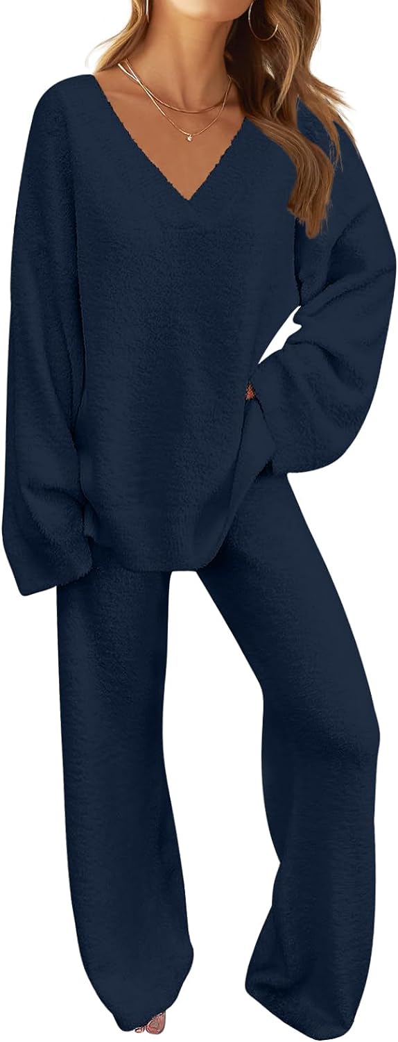 MEROKEETY Women's 2 Piece Outfits Fuzzy Fleece Pajama Set Long Sleeve Top Wide Leg Pants Loungewear