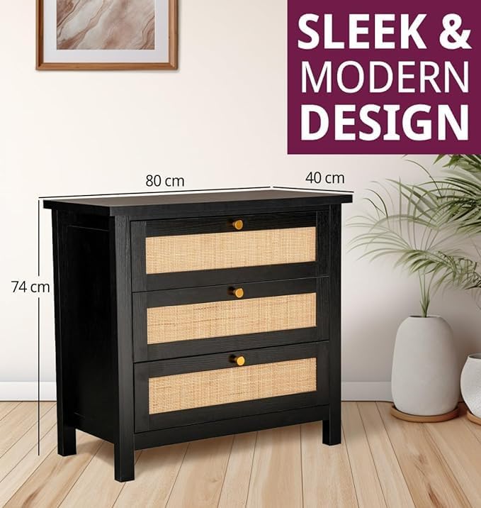 Hallowood Furniture Newquay Black Chest with 3 Wooden Drawers & Rattan Front, Small Chest of Drawers, Bedside Drawers, Hallway & Bedroom Storage Unit, Living Room Cabinets