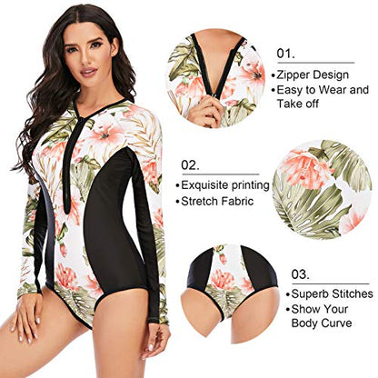 Maeau Women's Long Sleeve Rash Guard UV Protection Zipper Printed Surfing One Piece Swimsuit Bathing Suit