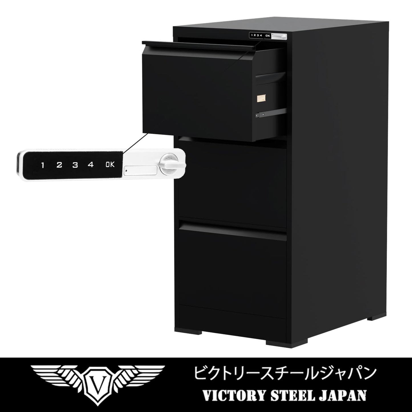 Mahmayi Victory Steel Japan OEM File Cabinet with Touch Screen Digital Lock with USB Charging Support, Portable Cabinet with 3 Storage Drawer, Vertical File Cabinet, Ideal for - Black