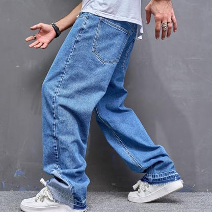 Mens Wide Leg Jeans Baggy Regular Relaxed Fit Straight Leg Jeans Raw Hem Vintage Y2k Loose Fit Denim Pants