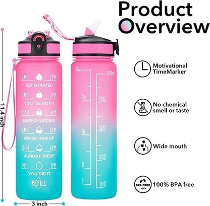 S2C™ Motivational Large Water Bottle 1L Tritan Plastic Water Bottle With Time Markers, Leak Proof Water Bottle For Kids, School Water Bottles (GREY)