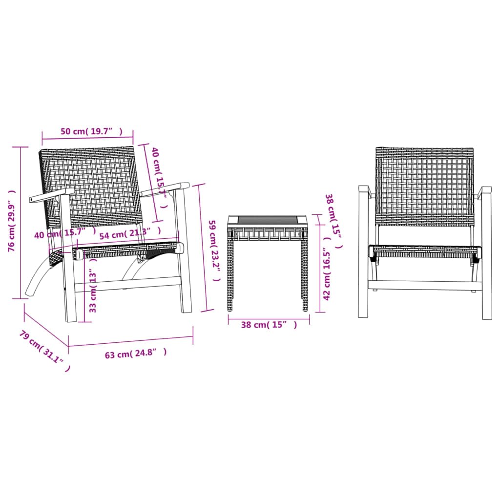 vidaXL Bistro Set 3 Piece, Garden Table and Chair for Patio, Outdoor Bistro Set for 2, Dining Set, Modern Style, Beige Poly Rattan & Solid Wood Acacia