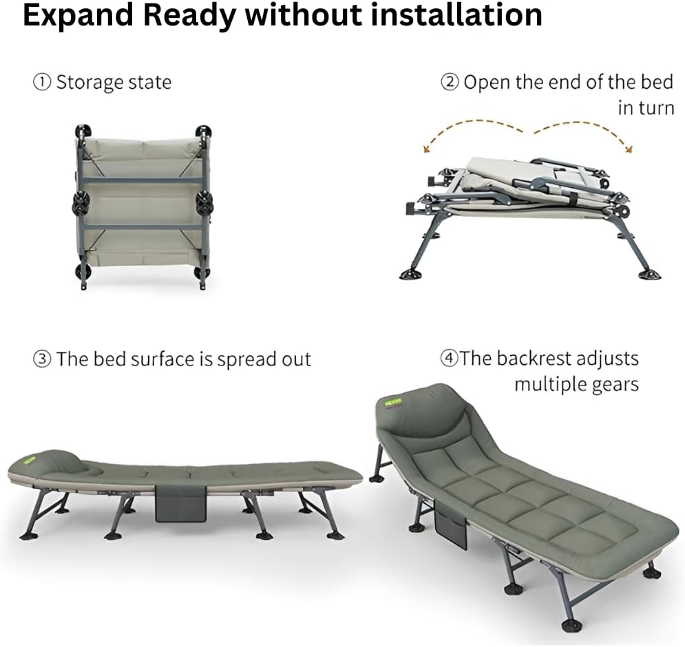 HEXAR® Premium Camping Cot Comfortable Folding Bed 160 KG Capacity 8 Legs Portable Bed 6 Angle Luxury Recliner Lounge Chair Sleeping Mattress Indoor Outdoor Office Lounger Adult Beach Bed (Dark Green)