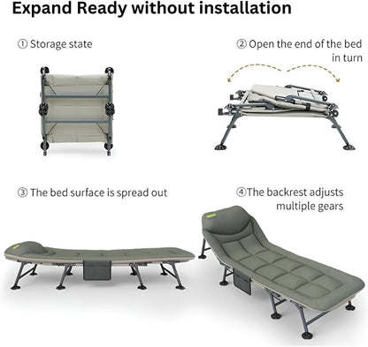 HEXAR® Premium Camping Cot Comfortable Folding Bed 160 KG Capacity 8 Legs Portable Bed 6 Angle Luxury Recliner Lounge Chair Sleeping Mattress Indoor Outdoor Office Lounger Adult Beach Bed (Dark Green)