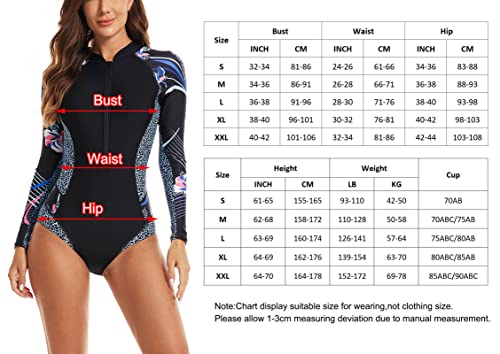 Maeau Women's Long Sleeve Rash Guard UV Protection Zipper Printed Surfing One Piece Swimsuit Bathing Suit