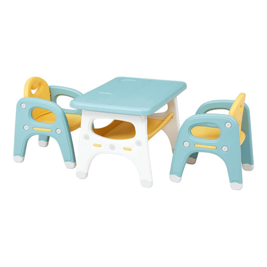 U-HOOME Kids Table and Chair Set, 3 Piece Activity Table and 2 Chair Set Storage Bins, Children Art Crafts Table Desk Set, Playroom Plastic Furniture, Toddler Table & Chair Set (Blue+Yellow)