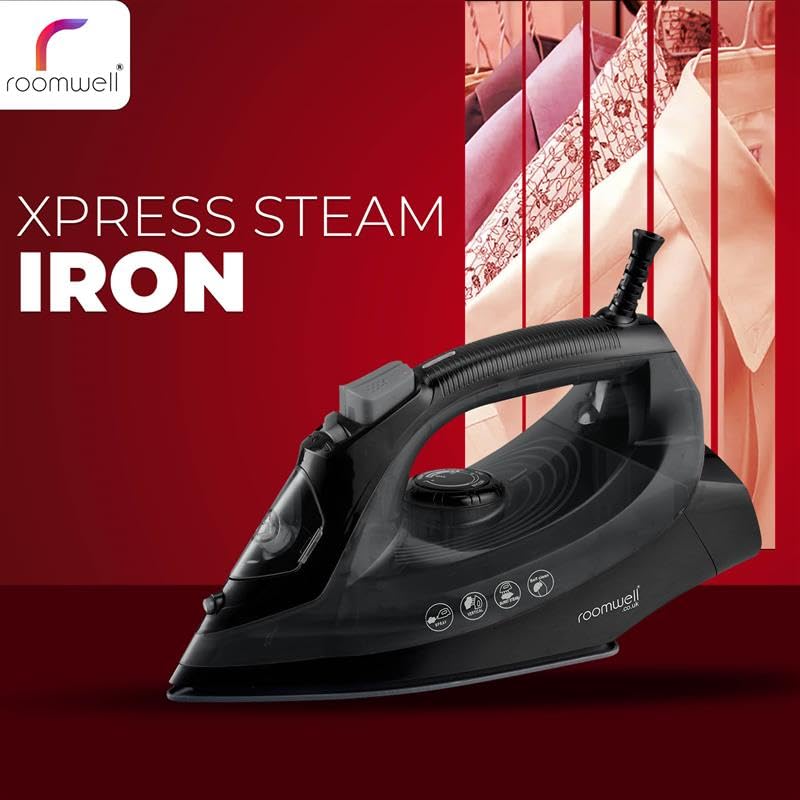 Roomwell UK Lightweight Xpress Steam Iron, Auto-off Function, Continuous & Vertical Steam (Black)