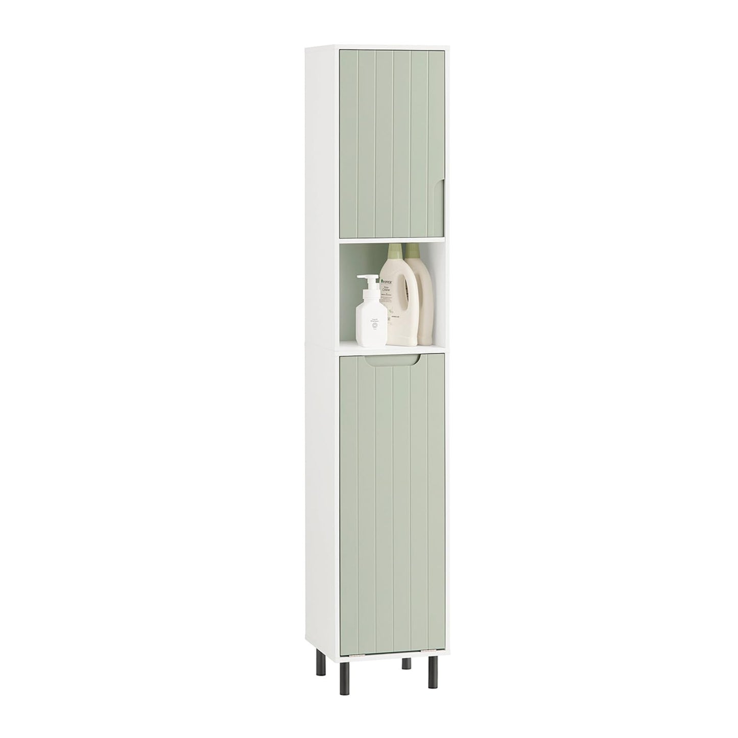 SoBuy (UAE STOCK) BZR137-GR Bathroom Tall Cabinet Bathroom Storage Cabinet with Laundry Basket White and Light Green W31 x D30 x H167cm (basin cabinet)