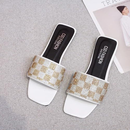 Women's Flat Heels Slippers Concise Checkered Luxury Design Rhinestone Slides Flip Flops Slippers Casual Beach Sandals Shoes For Ladies