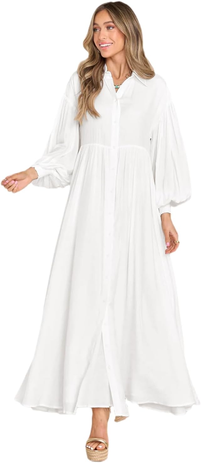 Women's Maxi Shirt Dress Button Down Long Sleeve Casual Flowy A-line Long Dress