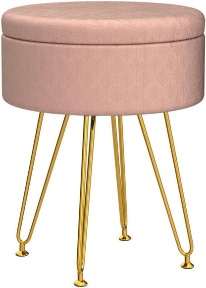 Cpintltr Footrest Footstools Round Velvet Ottoman with Storage Space Soft Vanity Chair with Memory Foam Seat Small Side Table Hallway Step Stool 4 Gold Metal Legs with Adjustable Footings Champagne