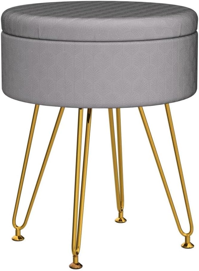 Cpintltr Footrest Footstools Round Velvet Ottoman with Storage Space Soft Vanity Chair with Memory Foam Seat Small Side Table Hallway Step Stool 4 Gold Metal Legs with Adjustable Footings Champagne